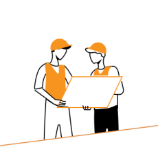 Illustration von zwei Personen mit Schutzhelmen, die einen Plan in den Händen halten und besprechen